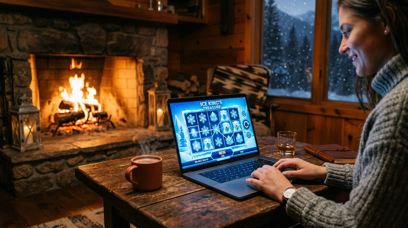 Persona jugando un título ártico en una computadora portátil junto a una chimenea
